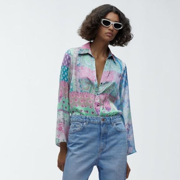ZARA PATCHWORK PRINTED SHIRT MULTICOLORED - Picture 7 of 9